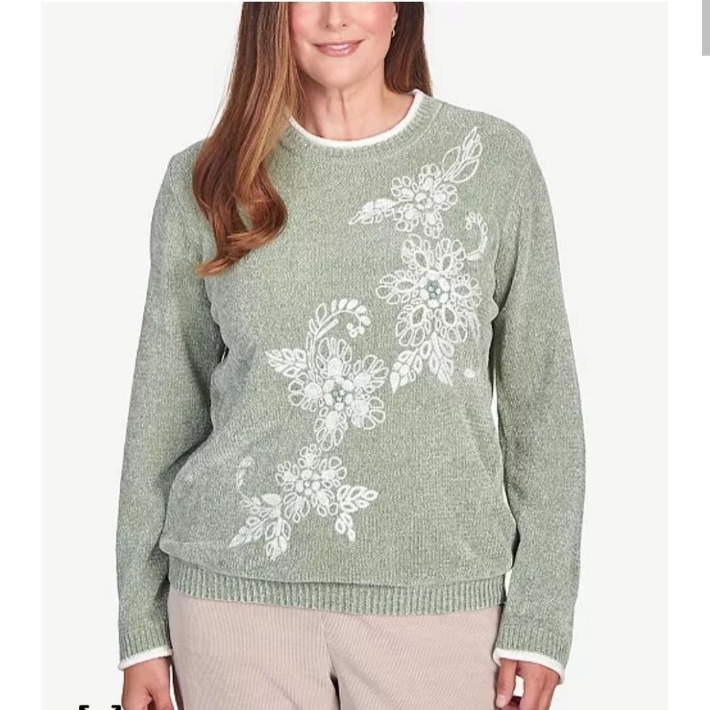 NWT Alfred Dunner St. Moritz Sweater Green Floral Embroidered Pullover PS Petite